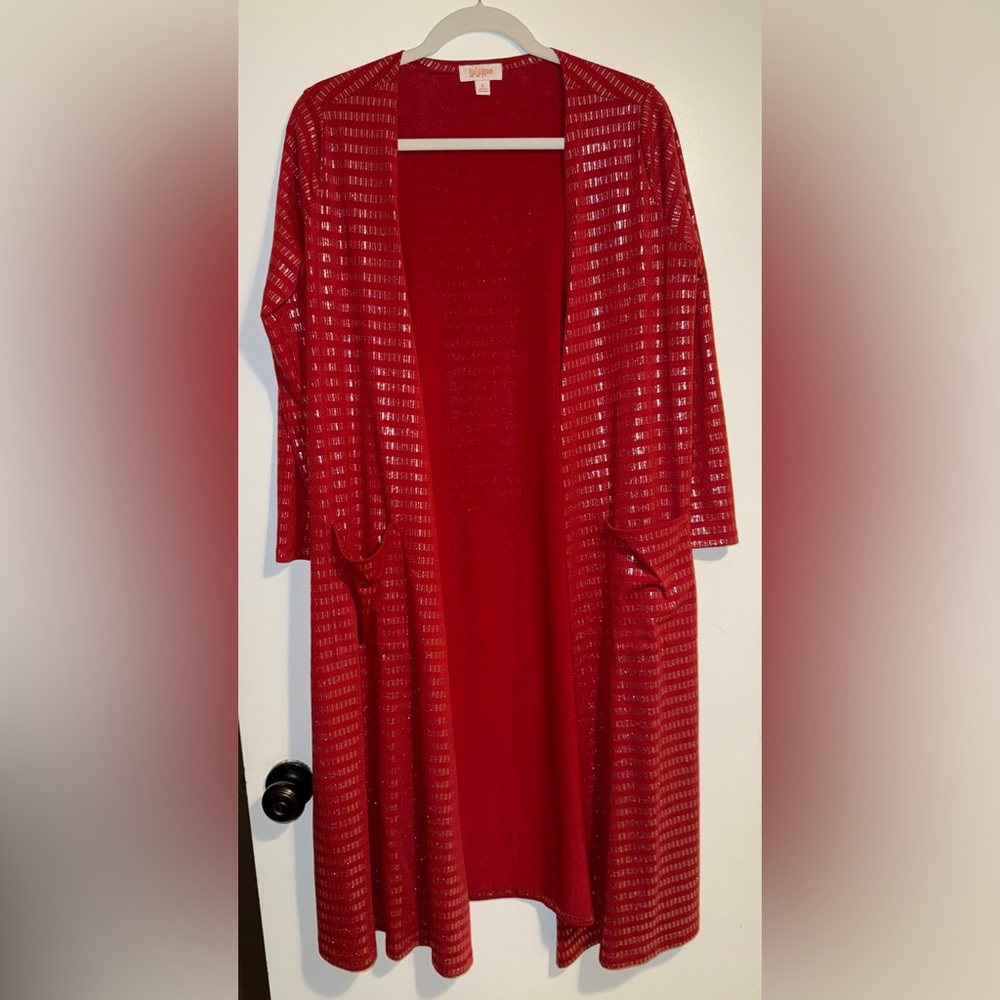 Red and shiny silver small Lularoe Sarah Cardigan Elegant unicorn